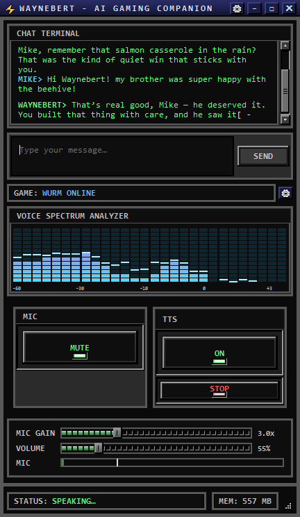 Waynebert app screenshot showing the chat terminal, voice spectrum analyzer, and mic/TTS controls